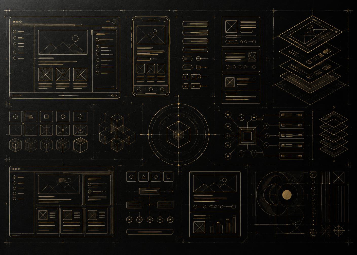 Gold technical interface blueprints on a black drafting surface